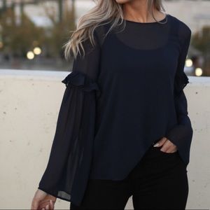 Navy blue sheer bell sleeve blouse top